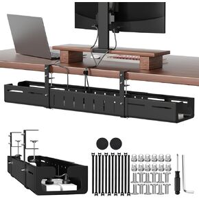 Under Desk Cable Management Tray, Expandable 25.2"–38.6" Heavy Duty Carbon Steel with Clamp, Hidden Cord Organizer for Desk, Home Office & Standing Desk, No Drill Installation, Black in Saudi Arabia