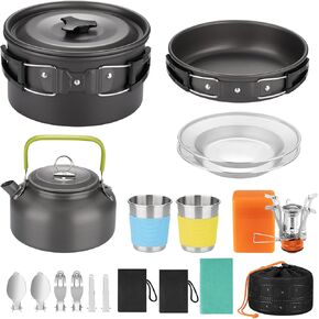 18pcs Camping Cookware Kit, Aluminum Non-Stick Pot, Pan and Kettle Set with 2 Set Stainless Steel Cups Plates Forks Knives Spoons for Backpacking and Hiking Camping in Saudi Arabia