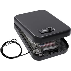 Heavy Duty Steel Portable Gun Safe for Pistols and Valuables - Travel Handgun Lock Box for Car Under Seat and Nightstand - Anti Pry Firearm Safety Case with Security Cable and Foam Padding - Black in Saudi Arabia