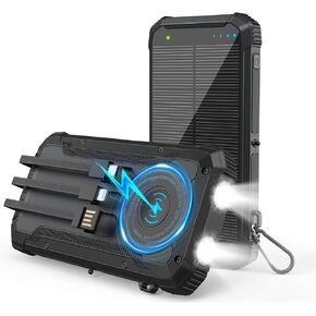 بنك الطاقة الشمسية 20000 مللي أمبير شاحن محمول لاسلكي مدمج 3 كابلات 15 وات USB-C شحن سريع حزمة بطارية سوداء متوافقة مع iPhone وSamsung ومصابيح LED للطوارئ مثالية للتخييم والمشي لمسافات طويلة in Kuwait
