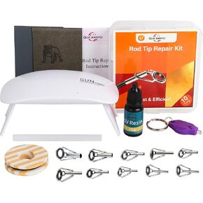 QUA'ANNYU Fishing Rod Tip Repair Kit - 10 Sizes 304 Stainless Steel Top Eyelets, UV Light, Glue, Wrapping Thread & Divided Case for Quick Rod Tip Restoration in Saudi Arabia