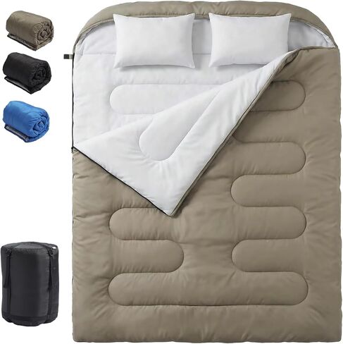 NEWBULIG Double Sleeping Bag for Adults with 2 Pillows, XL Waterproof Lightweight Machine Washable Sleep Bag Cold Weather, 3-Season for Camping/Hiking/Backpacking, 2-in-1 Converts to 2 Singles in Saudi Arabia