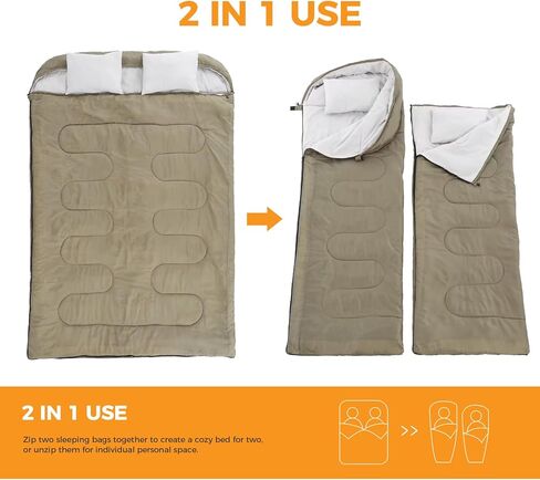 NEWBULIG Double Sleeping Bag for Adults with 2 Pillows, XL Waterproof Lightweight Machine Washable Sleep Bag Cold Weather, 3-Season for Camping/Hiking/Backpacking, 2-in-1 Converts to 2 Singles in Saudi Arabia
