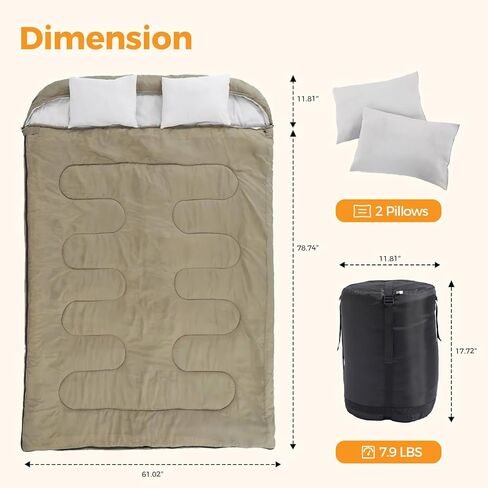 NEWBULIG Double Sleeping Bag for Adults with 2 Pillows, XL Waterproof Lightweight Machine Washable Sleep Bag Cold Weather, 3-Season for Camping/Hiking/Backpacking, 2-in-1 Converts to 2 Singles in Saudi Arabia