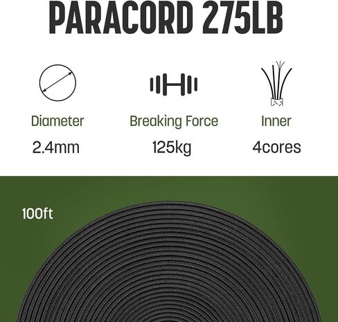 2.4mm Paracord 275LBS 100FT Rope Cord - 4 Strand, Nylon & Polyester, Abrasion Resistance - Black in Saudi Arabia