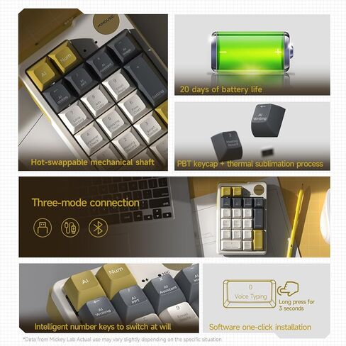 Wireless Mechanical AI Numeric Keypad with Voice Typing Text Translation for Laptop Mac Windows Linux, Mini Bluetooth Number pad One Handed Portable AI Numpad for Office Workers/Lawyers in Saudi Arabia
