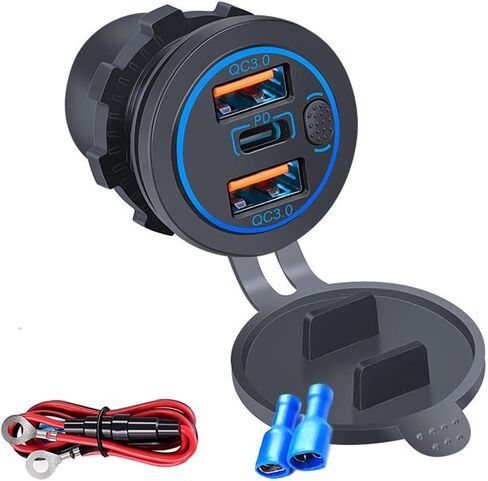 شاحن سيارة Kework 3 منافذ 18 وات USB مع مفتاح، 12-24 فولت مزدوج QC 3.0 USB وPD USB C مقبس ولاعة السجائر، شاحن شحن سريع على لوحة القيادة للسيارة والدراجة النارية والشاحنة البحرية والقارب البحري، ضوء أزرق in Kuwait