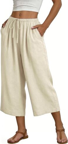 Women's Capri Pants Linen Summer Beach Casual Drawstring Wide Leg Lounge Palazzo Pant High Waist Trouser with Pockets in Saudi Arabia