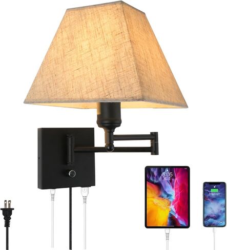 قم بتوصيل ضوء الحائط، شمعدانات حائط بذراع متأرجح مع منفذ USB ومنفذ، مصباح حائط مع غطاء من القماش الأبيض مفتاح قابل للتعتيم لغرفة النوم وغرفة المعيشة والنيكل المكتبي in Kuwait