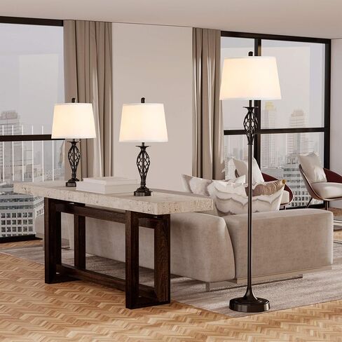 HOMCOM 3 Piece Table Floor Lamp Set with Metal Pole, Round Base, and Fabric Lampshade, for Living Room, Black/White in Saudi Arabia