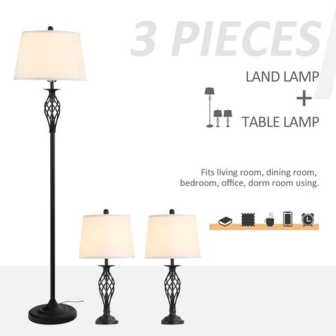 HOMCOM 3 Piece Table Floor Lamp Set with Metal Pole, Round Base, and Fabric Lampshade, for Living Room, Black/White in Saudi Arabia