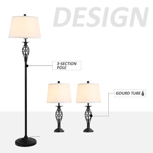 HOMCOM 3 Piece Table Floor Lamp Set with Metal Pole, Round Base, and Fabric Lampshade, for Living Room, Black/White in Saudi Arabia