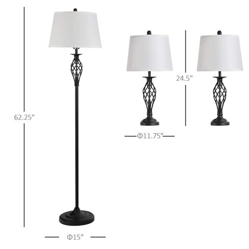 HOMCOM 3 Piece Table Floor Lamp Set with Metal Pole, Round Base, and Fabric Lampshade, for Living Room, Black/White in Saudi Arabia