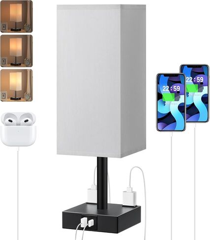 【ترقية】مصباح طاولة بجانب السرير للتحكم باللمس، مع منافذ شحن USB C+A ومنافذ تيار متردد مزدوجة، مصباح منضدة ثلاثي الاتجاهات لغرفة النوم مع مكتب غرفة المعيشة عاكس الضوء (يتضمن لمبة LED قابلة للتعتيم) in Kuwait