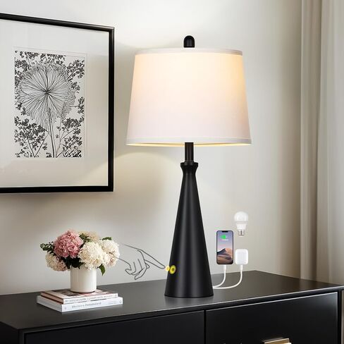 Rinweey 28" Black Table Lamps Set of 2, Touch Control Tall Living Room Lamp with USB A+C Ports,3-Way Dimmable Bedside Lamps for Nightstand,Modern Metal Bedroom Lamp,2 Bulbs Included in Saudi Arabia
