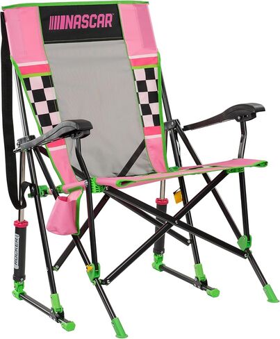 GCI Outdoor NASCAR Roadtrip Rocker Camping & Sideline Sports Chair | كرسي هزاز محمول قابل للطي مع مساند للذراعين وحامل مشروبات، وردي in Saudi Arabia