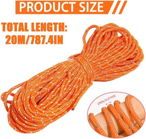 2mm Reflective Thin Paracord Rope - 65ft Dyneema Guy Lines for Tent, Tarp, Camping, Kite, Fluorescent Micro Paracord (Orange, 65 Feet) in Saudi Arabia