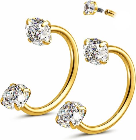 Double Gem Horseshoe Nose Rings For Women - U Hoop Earring For Lobe, Upper Lobe, Tragus, Helix, Daith, Conch, Rook Cartilage Horseshoe Earrings For Women - 316LVM Surgical Steel (20g, 18g, 16g) in Saudi Arabia