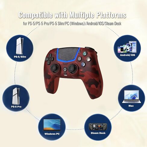 وحدة تحكم Linhugame اللاسلكية لجهاز PS5، متوافقة مع PS5/Pro/Slim/PC، وحدة تحكم ألعاب بلوتوث مع عصا التحكم في القاعة/إضاءة قناة LED/Turbo/6 محاور جيروسكوبية/محرك مزدوج/لوحة اللمس/مقبس صوت/مكبر صوت 3.5 مم، متوافق مع قاعدة الشحن الأصلية (أحمر مموه) in Kuwait