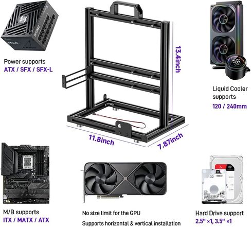 Aluminum PC Test Bench, Open Air PC Case, Open Frame Computer Chassis, DIY Techbench Server Rack Mount Horizontally 240 Liquid Cooler PC Case for ATX MATX Micro ATX ITX Motherboard in Saudi Arabia