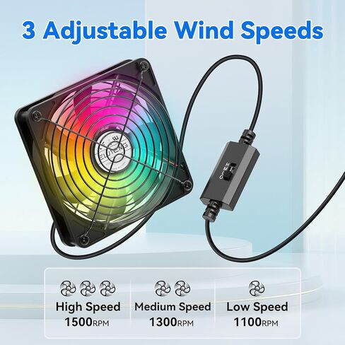 ELUTENG USB مروحة تبريد الكمبيوتر مع 7 ألوان RGB الإضاءة، 3 وحدة تحكم السرعة 1100/1300/1500 دورة في الدقيقة مروحة العادم الصغيرة مروحة تبريد تدفق الهواء عالية لجهاز استقبال مودم جهاز التوجيه DVR بلاي ستيشن Xbox TV Box in Kuwait