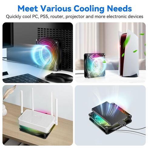 ELUTENG USB مروحة تبريد الكمبيوتر مع 7 ألوان RGB الإضاءة، 3 وحدة تحكم السرعة 1100/1300/1500 دورة في الدقيقة مروحة العادم الصغيرة مروحة تبريد تدفق الهواء عالية لجهاز استقبال مودم جهاز التوجيه DVR بلاي ستيشن Xbox TV Box in Kuwait