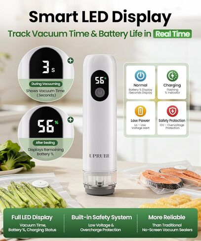 Compact Vacuum Sealer for Food (Vacuum Sealer Machine + 30 Reusable Vacuum Bags), Powerful Handheld Food Vacuum Sealer Machine with LED Display & Liquid Drainage Tube, Portable Food Sealer in Saudi Arabia