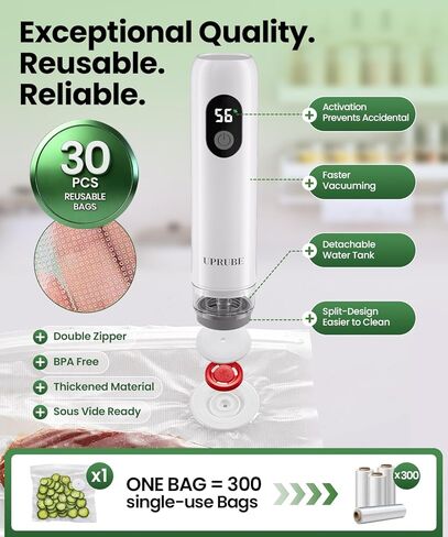 Compact Vacuum Sealer for Food (Vacuum Sealer Machine + 30 Reusable Vacuum Bags), Powerful Handheld Food Vacuum Sealer Machine with LED Display & Liquid Drainage Tube, Portable Food Sealer in Saudi Arabia