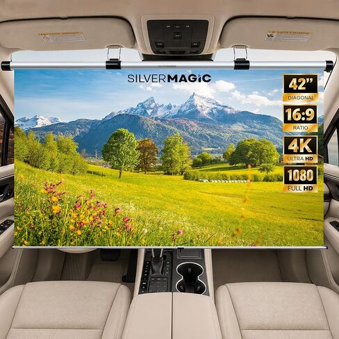 Car Projector Screen, 42 Inch 16:9 ALR Coating, Pull Down and Auto Retract,Wrinkle-Free Small Projector Movie Screen for SUV, Camping, RV, Indoor Outdoor Use by SilverMagic in Saudi Arabia
