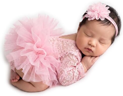 Newborn Photography Outfits Girl, Baby Girl Photoshoot Props, Newborn Lace Romper with Headband for Photo in Kuwait