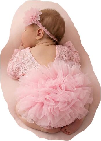 Newborn Photography Outfits Girl, Baby Girl Photoshoot Props, Newborn Lace Romper with Headband for Photo in Kuwait