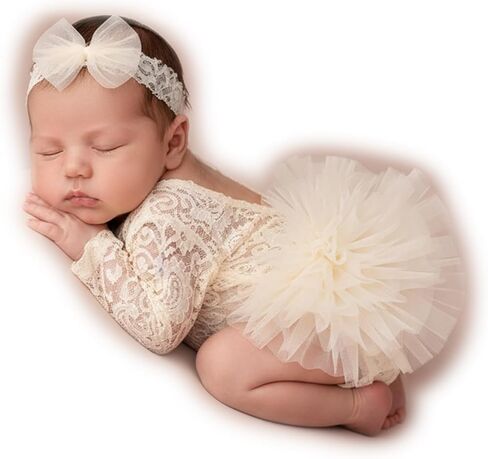 Newborn Photography Outfits Girl, Baby Girl Photoshoot Props, Newborn Lace Romper with Headband for Photo in Kuwait