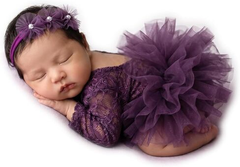 Newborn Photography Outfits Girl, Baby Girl Photoshoot Props, Newborn Lace Romper with Headband for Photo in Kuwait