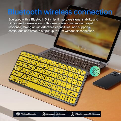 HXMJ-لوحة مفاتيح بلوتوث كبيرة الحجم وقابلة لإعادة الشحن، متوافقة مع أجهزة iPad وiPhone وiPod وMacBook لكبار السن والأفراد ضعاف البصر - أصفر in Saudi Arabia