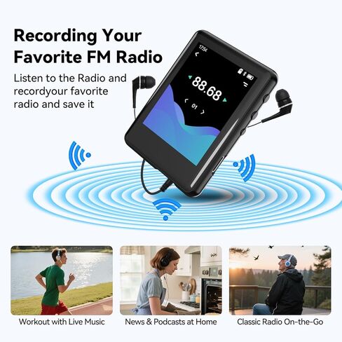 MP3 Player with Bluetooth 5.4,Portable Music Player with Speaker,FM Radio,Voice Recording,for Kids, Full Touch Screen Easy to Use,Max 512GB Expand, Earphones Included in Saudi Arabia