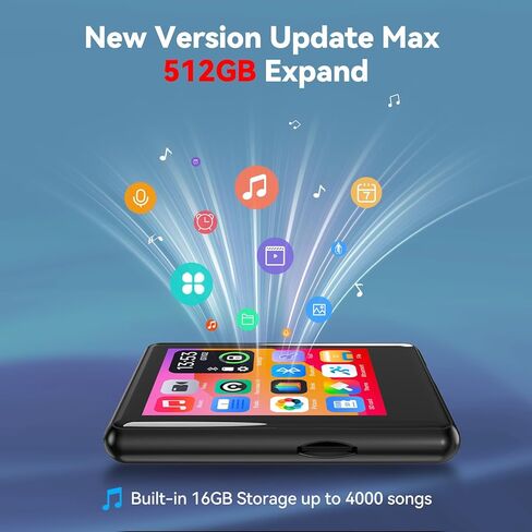 MP3 Player with Bluetooth 5.4,Portable Music Player with Speaker,FM Radio,Voice Recording,for Kids, Full Touch Screen Easy to Use,Max 512GB Expand, Earphones Included in Saudi Arabia