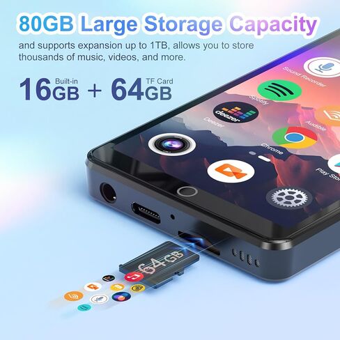 MP3 Player with Bluetooth and WiFi, 80GB Storage Android OS Spotify MP4 Player with Rear Camera, 4.02" Touch Screen Music Player with Built-in Speaker, FM Radio, Vido Playback in Saudi Arabia
