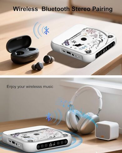 ENVYCLOUD CD Player Portable with Dual Stereo Speakers, Rechargeable Portable Player with Bluetooth for Home with Headphones, Support CD/AUX/USB,White in Kuwait