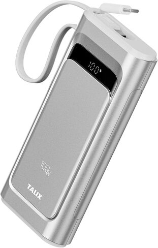 شاحن محمول للكمبيوتر المحمول TALIX 100 واط، 3 منافذ USB-C شحن سريع، بطارية احتياطية 10000 مللي أمبير في الساعة مع كابلات مدمجة قابلة للسحب لأجهزة MacBook، والكمبيوتر، والهواتف المحمولة، وiPhone 17، وiPad، وAndroid، وSamsung، فضي in Kuwait