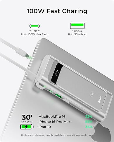 شاحن محمول للكمبيوتر المحمول TALIX 100 واط، 3 منافذ USB-C شحن سريع، بطارية احتياطية 10000 مللي أمبير في الساعة مع كابلات مدمجة قابلة للسحب لأجهزة MacBook، والكمبيوتر، والهواتف المحمولة، وiPhone 17، وiPad، وAndroid، وSamsung، فضي in Kuwait