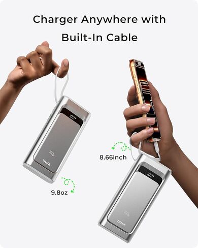 شاحن محمول للكمبيوتر المحمول TALIX 100 واط، 3 منافذ USB-C شحن سريع، بطارية احتياطية 10000 مللي أمبير في الساعة مع كابلات مدمجة قابلة للسحب لأجهزة MacBook، والكمبيوتر، والهواتف المحمولة، وiPhone 17، وiPad، وAndroid، وSamsung، فضي in Kuwait