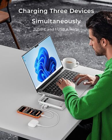 شاحن محمول للكمبيوتر المحمول TALIX 100 واط، 3 منافذ USB-C شحن سريع، بطارية احتياطية 10000 مللي أمبير في الساعة مع كابلات مدمجة قابلة للسحب لأجهزة MacBook، والكمبيوتر، والهواتف المحمولة، وiPhone 17، وiPad، وAndroid، وSamsung، فضي in Kuwait