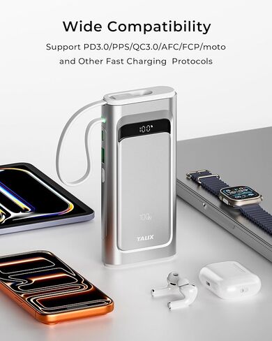 شاحن محمول للكمبيوتر المحمول TALIX 100 واط، 3 منافذ USB-C شحن سريع، بطارية احتياطية 10000 مللي أمبير في الساعة مع كابلات مدمجة قابلة للسحب لأجهزة MacBook، والكمبيوتر، والهواتف المحمولة، وiPhone 17، وiPad، وAndroid، وSamsung، فضي in Kuwait