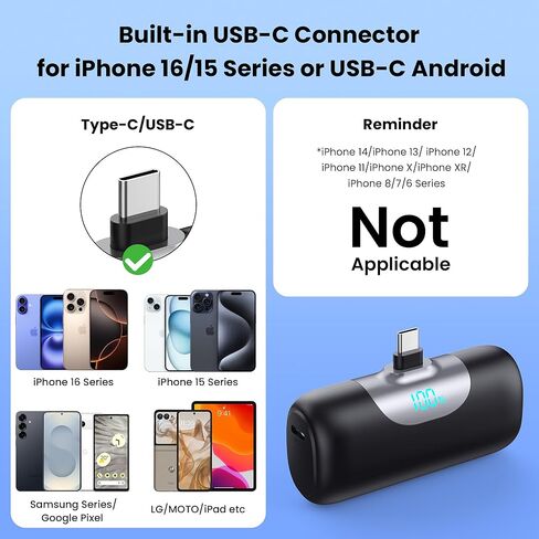 شاحن محمول صغير لسلسلة iPhone 17/16/15، بطارية شحن USB-C سريعة الشحن بقدرة 5500 مللي أمبير في الساعة PD، شاحن هاتف محمول بحجم جيب السفر لهاتف iPhone17/17Pro/17Pro Max/Air/16/15، Samsung، Android إلخ in Kuwait