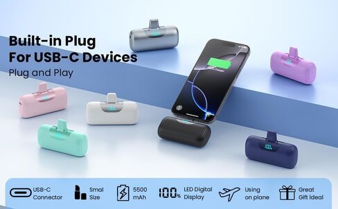 شاحن محمول صغير لسلسلة iPhone 17/16/15، بطارية شحن USB-C سريعة الشحن بقدرة 5500 مللي أمبير في الساعة PD، شاحن هاتف محمول بحجم جيب السفر لهاتف iPhone17/17Pro/17Pro Max/Air/16/15، Samsung، Android إلخ in Kuwait
