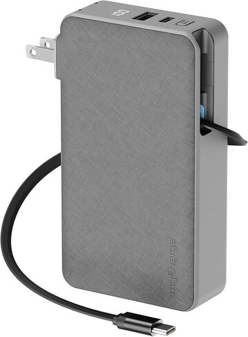 myCharge RetractaCharger 10000mAh Portable Charger Power Bank with 28-Inch Retractable USB-C Cable | Built-in Wall Plug | 30W PD Fast Charging | USB-C & A Ports | Digital Display | Grey in Saudi Arabia