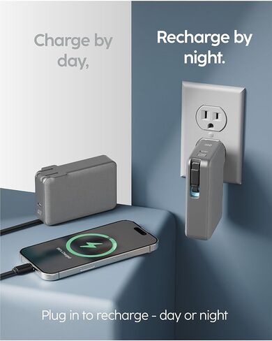 myCharge RetractaCharger 10000mAh Portable Charger Power Bank with 28-Inch Retractable USB-C Cable | Built-in Wall Plug | 30W PD Fast Charging | USB-C & A Ports | Digital Display | Grey in Saudi Arabia