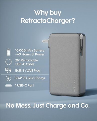 myCharge RetractaCharger 10000mAh Portable Charger Power Bank with 28-Inch Retractable USB-C Cable | Built-in Wall Plug | 30W PD Fast Charging | USB-C & A Ports | Digital Display | Grey in Saudi Arabia