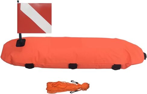 Spearfishing Inflatable Dive Buoy, Orange, 80cm x 25cm, 600D Nylon with PU Coating, Torpedo-Shaped, Includes 20m Rope and Dive Flag in Saudi Arabia