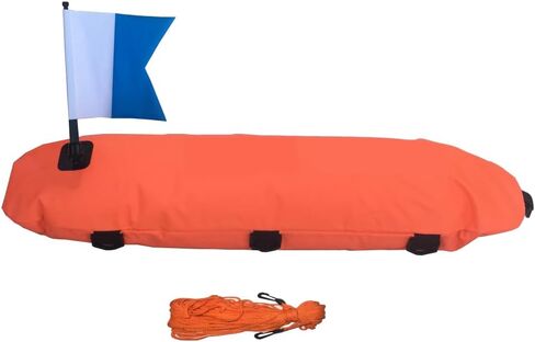 Spearfishing Inflatable Dive Buoy, Orange, 80cm x 25cm, 600D Nylon with PU Coating, Torpedo-Shaped, Includes 20m Rope and Dive Flag in Saudi Arabia